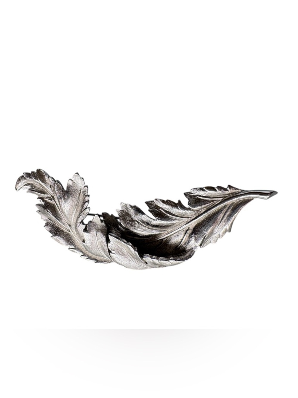 🔴 Vintage Signed CORO Silver Tone Textured Leaf Brooch Pin Mid-Century 4”